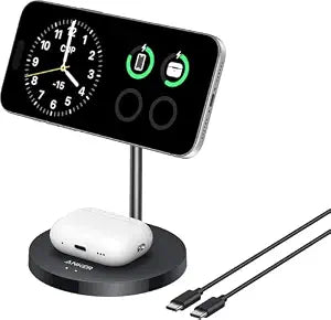Anker Wireless Charging Stand, MagGo 2-in-1 Stand, Qi2 Certified 15W Wireless Charger, Magsafe Compatible with iPhone 15/15 Pro/Airpods