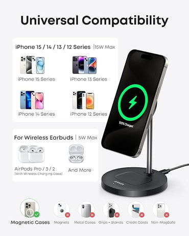 Anker Wireless Charging Stand, MagGo 2-in-1 Stand, Qi2 Certified 15W Wireless Charger, Magsafe Compatible with iPhone 15/15 Pro/Airpods