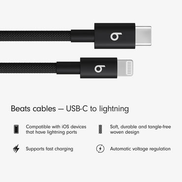 Beats USB-C to Lightning Woven Cable, Fast Charging, Durable/Tangle-Free, Compatible Charger for Apple Devices w Lightning Ports (1.5 m) - Black