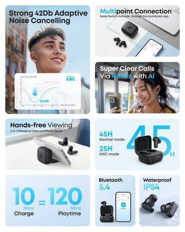 soundcore R50I NC by Anker Noise Cancelling in Ear Earbuds,Strong 42Db Adaptive Noise Cancelling,Powerful Bass,45H Playtime,2-in-1 Case and Phone Stand,Ip54,Fast Charge 10Min = 120 Min,Bluetooth 5.4
