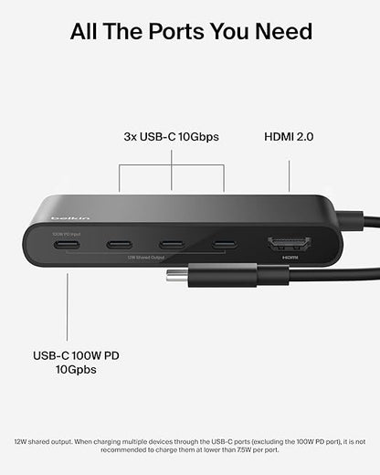 Belkin USB Hub for Laptop 5-in-1, USB C Hub – Multi USB Port Adapter with 4K HDMI @ 60Hz, 100W USB-C PD, 10Gbps High Speed Data Transfer