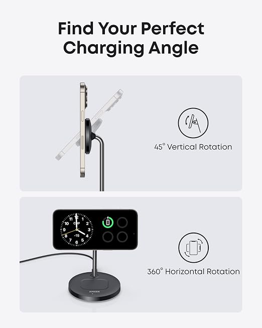 Anker Wireless Charging Stand, MagGo 2-in-1 Stand, Qi2 Certified 15W Wireless Charger, Magsafe Compatible with iPhone 15/15 Pro/Airpods