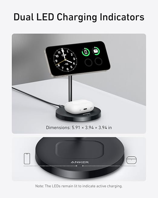 Anker Wireless Charging Stand, MagGo 2-in-1 Stand, Qi2 Certified 15W Wireless Charger, Magsafe Compatible with iPhone 15/15 Pro/Airpods