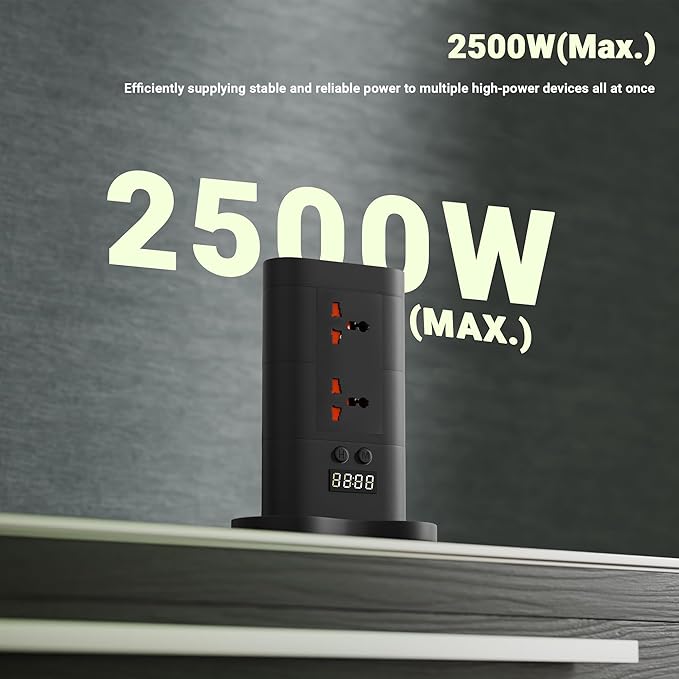 ZEBRONICS Power Block 385, Tower Extension Board/Strip, 2500 Watts, 10 Amps, 1x Type C Port, 8X Universal Socket, 2X USB Port, LED Indicator, Digital Counter, On/Off Switch, 5 Meter, Black