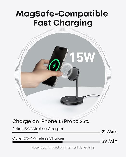 Anker Wireless Charging Stand, MagGo 2-in-1 Stand, Qi2 Certified 15W Wireless Charger, Magsafe Compatible with iPhone 15/15 Pro/Airpods