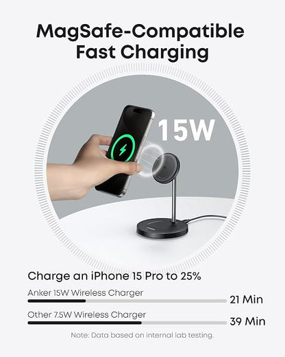 Anker Wireless Charging Stand, MagGo 2-in-1 Stand, Qi2 Certified 15W Wireless Charger, Magsafe Compatible with iPhone 15/15 Pro/Airpods