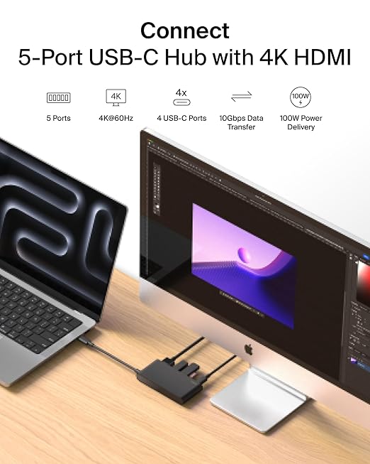 Belkin USB Hub for Laptop 5-in-1, USB C Hub – Multi USB Port Adapter with 4K HDMI @ 60Hz, 100W USB-C PD, 10Gbps High Speed Data Transfer
