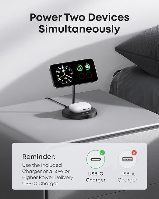Anker Wireless Charging Stand, MagGo 2-in-1 Stand, Qi2 Certified 15W Wireless Charger, Magsafe Compatible with iPhone 15/15 Pro/Airpods
