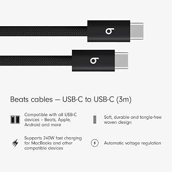 Beats 240W USB-C to USB-C Braided Cable, Fast-charging, Durable/Tangle-free, Compatible with Apple and Android Devices (3m) – Bolt Black (Open-Box)