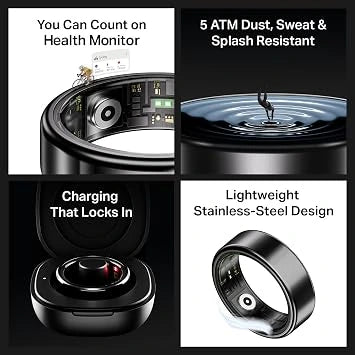 boAt SmartRing Active Plus Stainless Steel Lightweight Fitness Tracker with Skin Temperature Monitor- 12, Midnight Black (Open-Box)