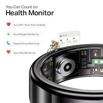 boAt SmartRing Active Plus Stainless Steel Lightweight Fitness Tracker with Skin Temperature Monitor- 12, Midnight Black (Open-Box)