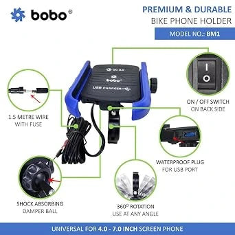 BOBO BM1 Bike Phone Holder Mount – Waterproof with USB 3.0 Charger, Black (Open-Box)