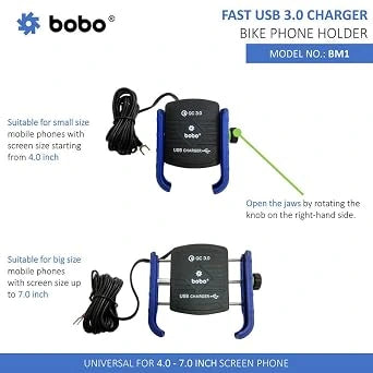 BOBO BM1 Bike Phone Holder Mount – Waterproof with USB 3.0 Charger, Black (Open-Box)