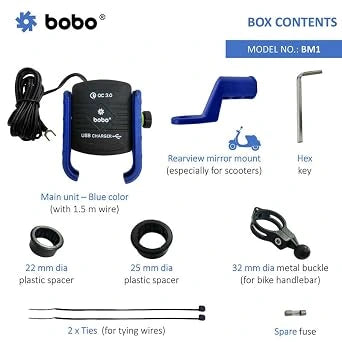 BOBO BM1 Bike Phone Holder Mount – Waterproof with USB 3.0 Charger, Black (Open-Box)