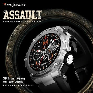 Fire-Boltt Assault Rugged Smartwatch – 1.5" HD Display, Bluetooth Calling, 600mAh Battery, Compass, Heart Rate & SpO2 Monitoring (Open-Box)