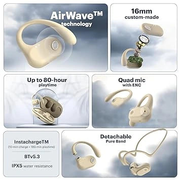 Noise Pure Pods Wireless Open Ear Earbuds with AirWave Technology and Detachable Pure Band- Zen Beige (Open-Box)