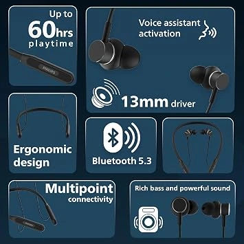 Philips TAN1150BK/94 Wireless Neckband – 60H Playtime, 13mm Bass & ENC (Open-Box)
