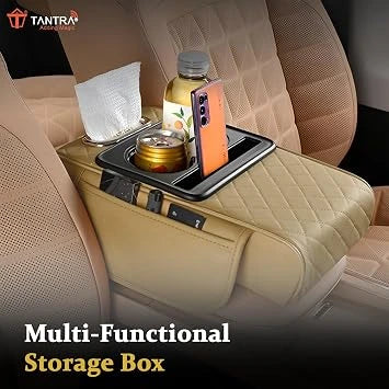TANTRA Premium Car Armrest Cushion Organizers, 5-in-1 Center Console Cover with 2 Storage Bags Cup Holder, Tissue Box Slot (Open-Box)
