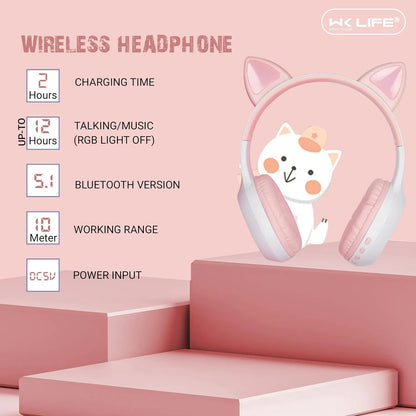 WK LIFE K8 Kids Headphones – Bluetooth 5.3, Cat Ear Design (Open-Box)