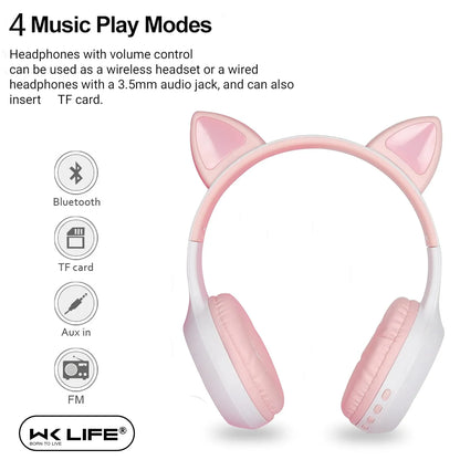 WK LIFE K8 Kids Headphones – Bluetooth 5.3, Cat Ear Design (Open-Box)