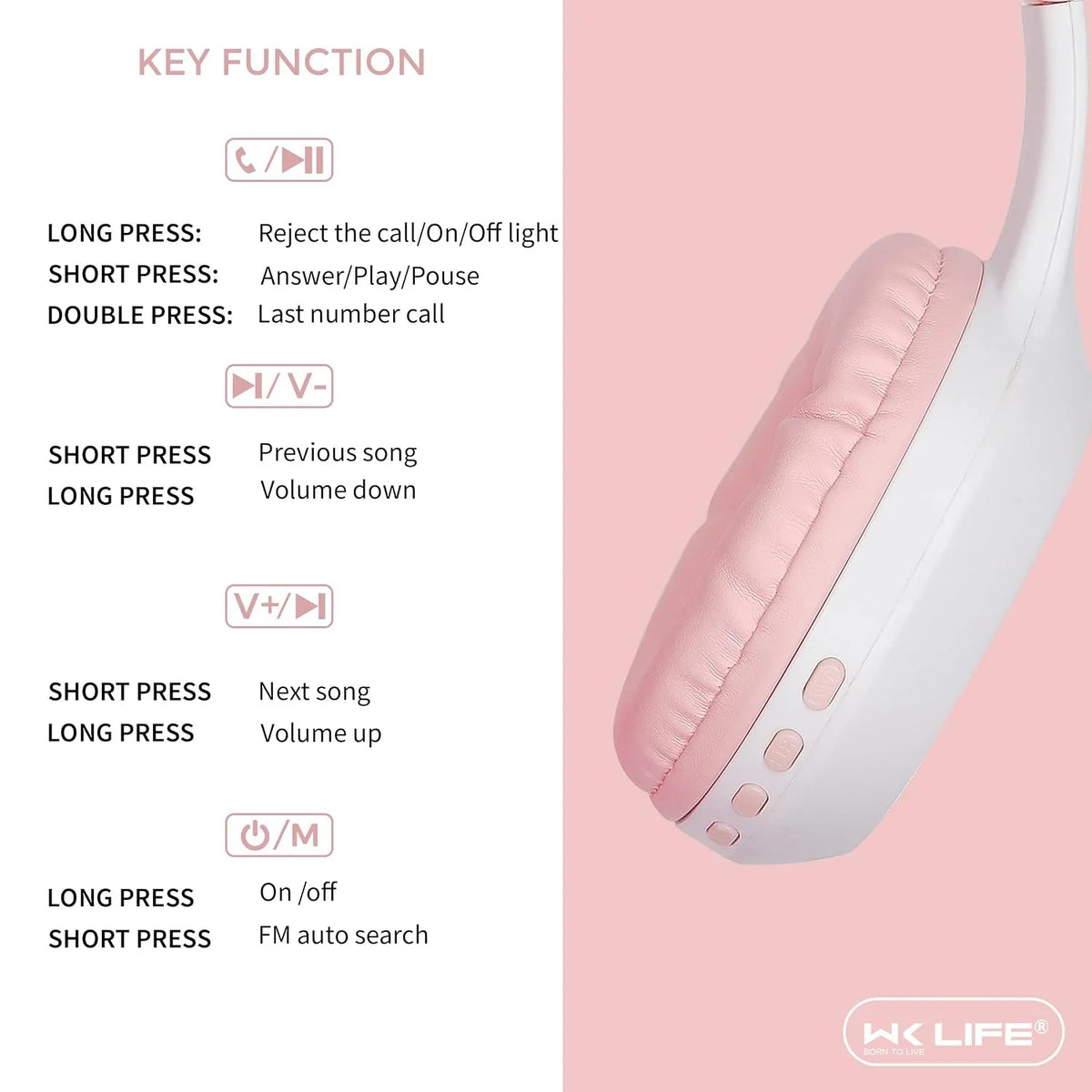 WK LIFE K8 Kids Headphones – Bluetooth 5.3, Cat Ear Design (Open-Box)