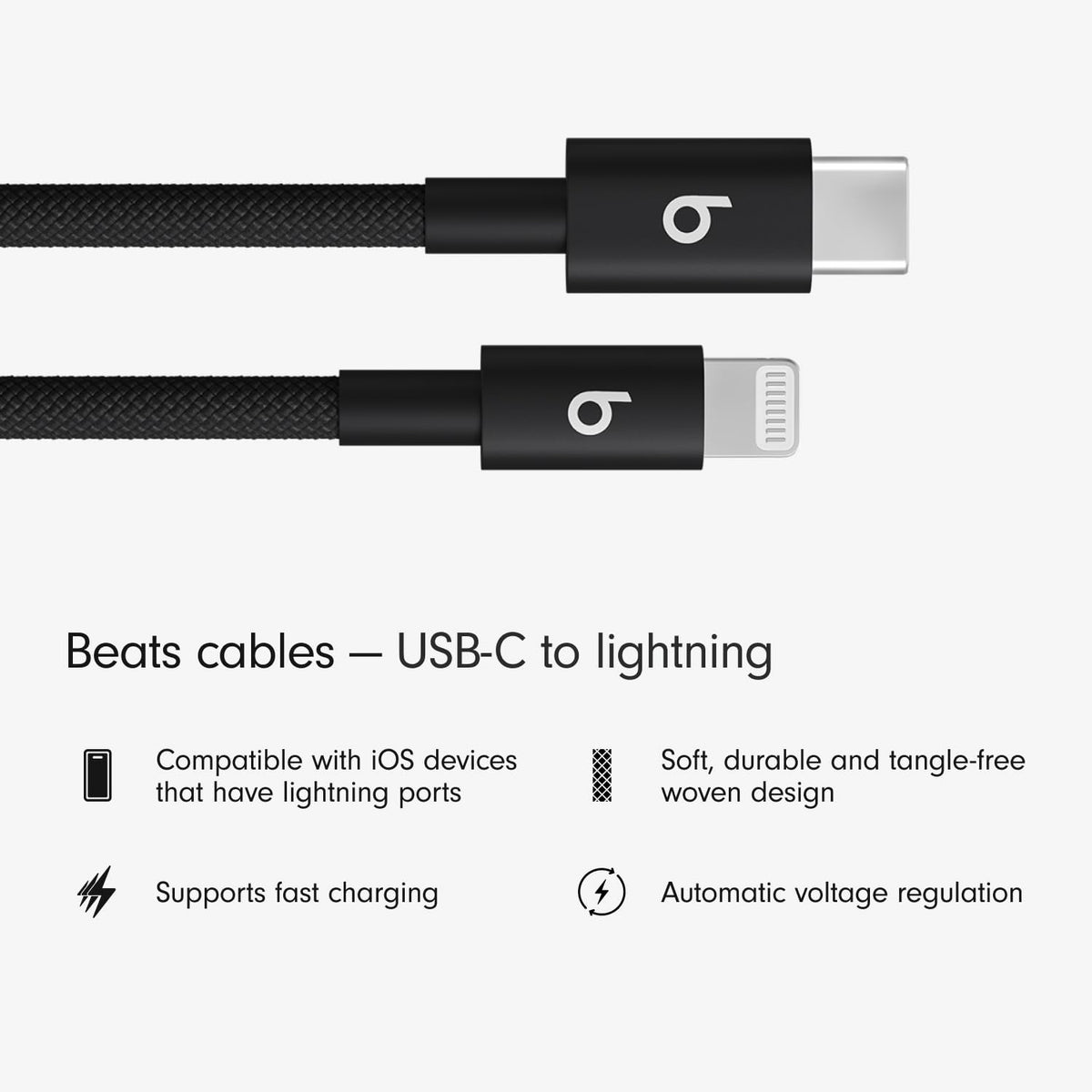 Beats USB-C to Lightning Woven Cable, Fast Charging, Durable/Tangle-Free, Compatible Charger for Apple Devices w Lightning Ports (1.5 m) - Black