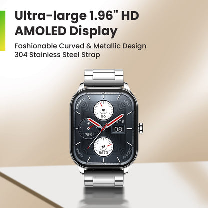Amazfit Pop 3S Smart Watch with 1.96" AMOLED Display, BT Calling, SpO2, 12-Day Battery Life, 304 Stainless Steel, AI Voice Assistance, 100 Sports Modes, 24H HR Monitor, Music Control (Metallic Sliver)