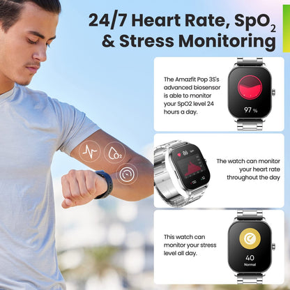 Amazfit Pop 3S Smart Watch with 1.96" AMOLED Display, BT Calling, SpO2, 12-Day Battery Life, 304 Stainless Steel, AI Voice Assistance, 100 Sports Modes, 24H HR Monitor, Music Control (Metallic Sliver)