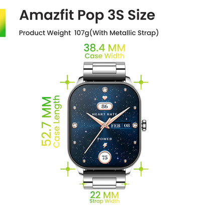 Amazfit Pop 3S Smart Watch with 1.96" AMOLED Display, BT Calling, SpO2, 12-Day Battery Life, 304 Stainless Steel, AI Voice Assistance, 100 Sports Modes, 24H HR Monitor, Music Control (Metallic Sliver)