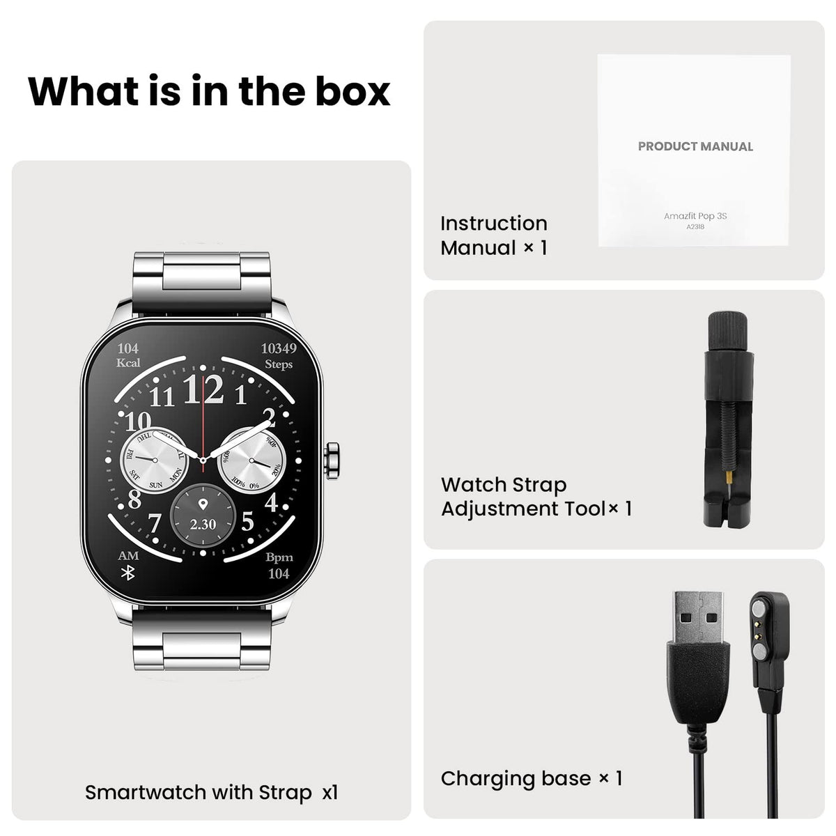 Amazfit Pop 3S Smart Watch with 1.96" AMOLED Display, BT Calling, SpO2, 12-Day Battery Life, 304 Stainless Steel, AI Voice Assistance, 100 Sports Modes, 24H HR Monitor, Music Control (Metallic Sliver)