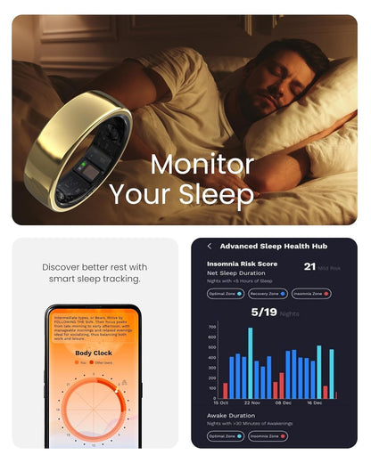 aabo Smart Ring for Men Women |Fitness Tracker Ring| Easy Connectivity | (Size 11, Gold)