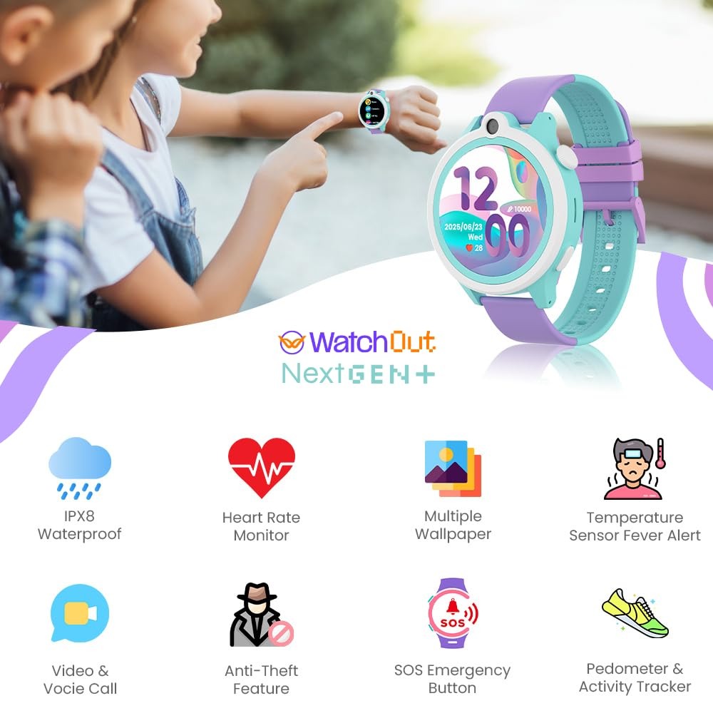 WatchOut Next-Gen+ Smart Watch for Kids, GPS Watch for Kid Tracker, with Sim Slot 5G, Video & Voice Calling, Heart Rate & Fever Alert, SOS Emergency Alerts, Smart Watch for Kids 3-13