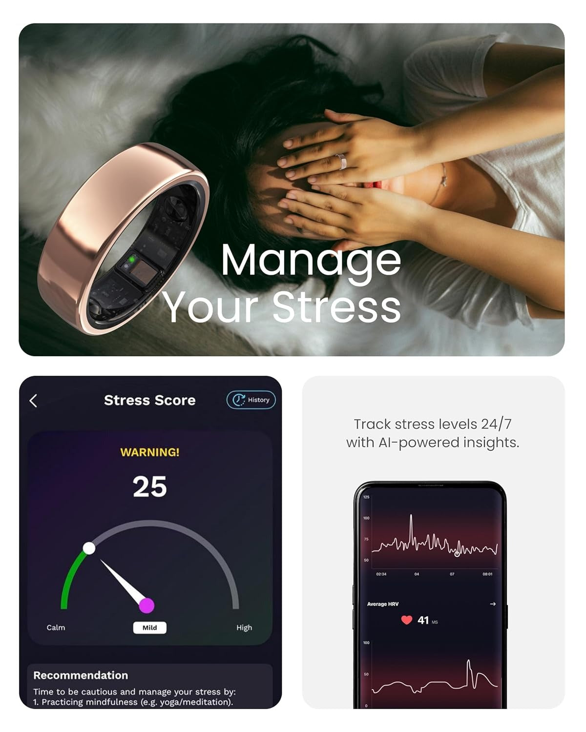aabo Smart Ring for Men Women |Fitness Tracker Ring| Easy Connectivity | (Size 11, Gold)