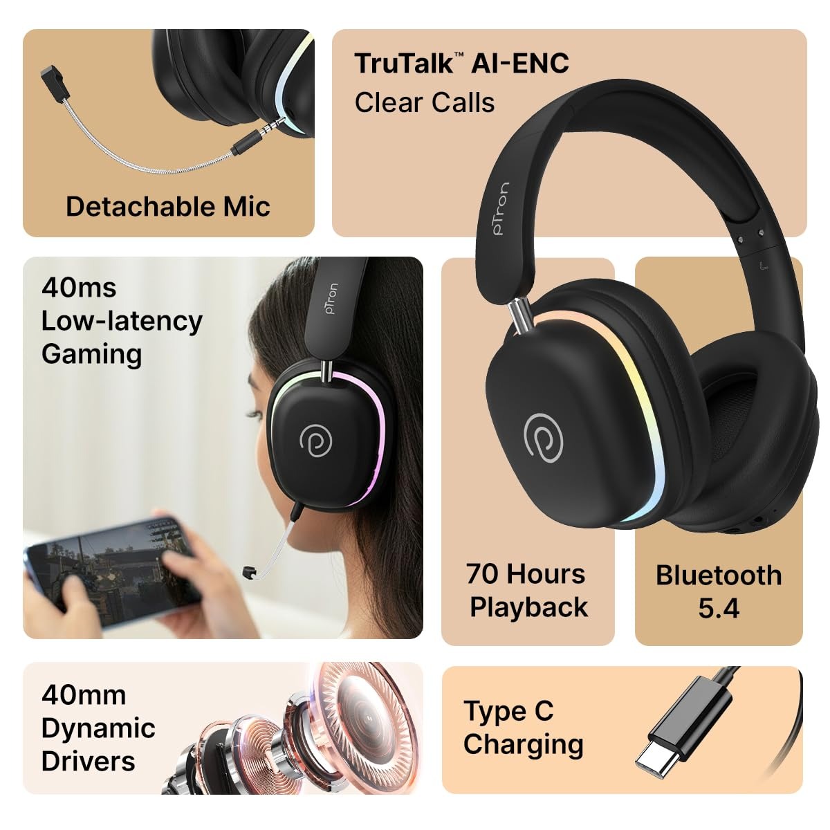 pTron Studio Xtreme Wireless Over-Ear Headphones – 70H, RGB & Low Latency