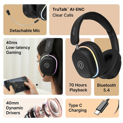 pTron Studio Xtreme Wireless Over-Ear Headphones – 70H, RGB & Low Latency