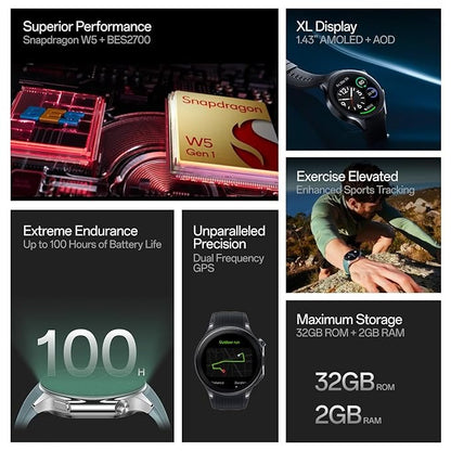OnePlus Watch 2 with Wear OS 4,Snapdragon W5 Chipset,Upto 100hrs battery life,1.43’’ AMOLED Display, Stainless Steel & Sapphire Crystal build,Dual Frequency GPS, 5 ATM, IP68 & BT Calling