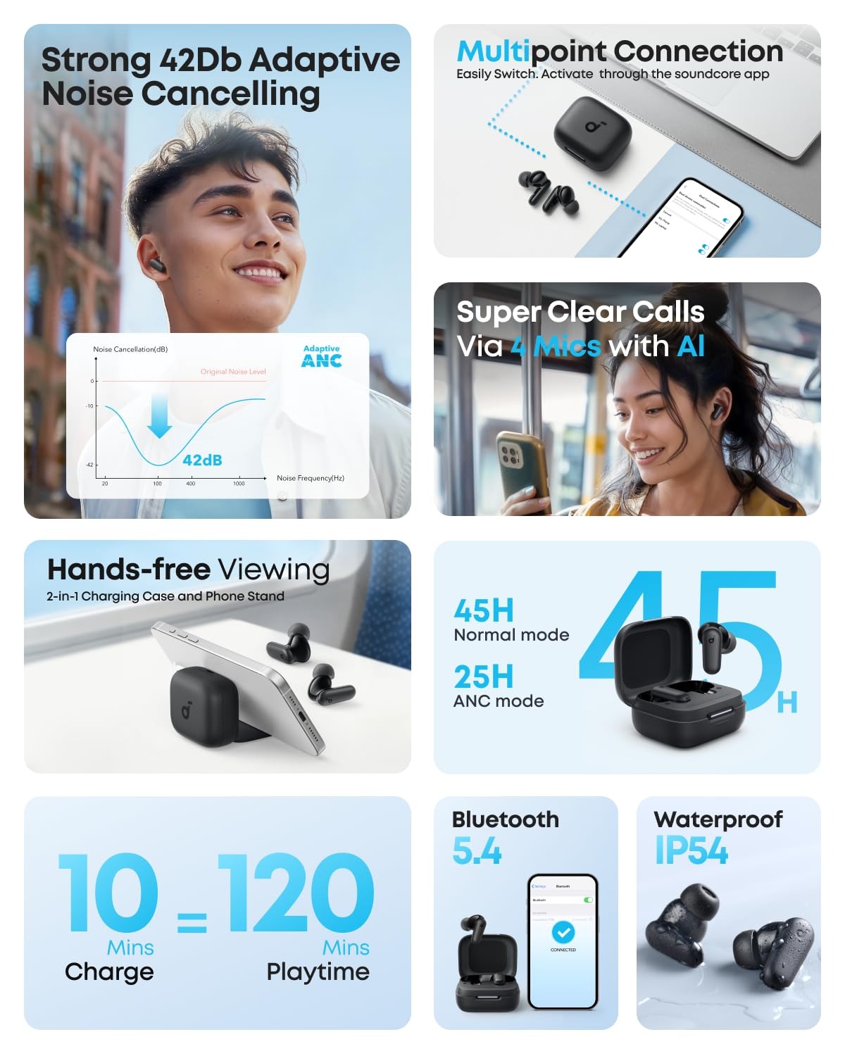 soundcore R50I NC by Anker Noise Cancelling in Ear Earbuds,Strong 42Db Adaptive Noise Cancelling,Powerful Bass,45H Playtime,2-in-1 Case and Phone Stand,Ip54,Fast Charge 10Min = 120 Min,Bluetooth 5.4