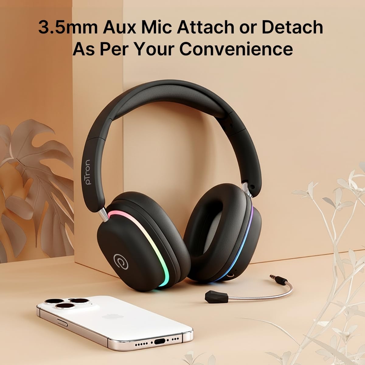 pTron Studio Xtreme Wireless Over-Ear Headphones – 70H, RGB & Low Latency