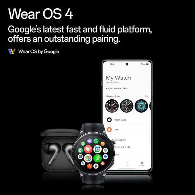 OnePlus Watch 2 with Wear OS 4,Snapdragon W5 Chipset,Upto 100hrs battery life,1.43’’ AMOLED Display, Stainless Steel & Sapphire Crystal build,Dual Frequency GPS, 5 ATM, IP68 & BT Calling
