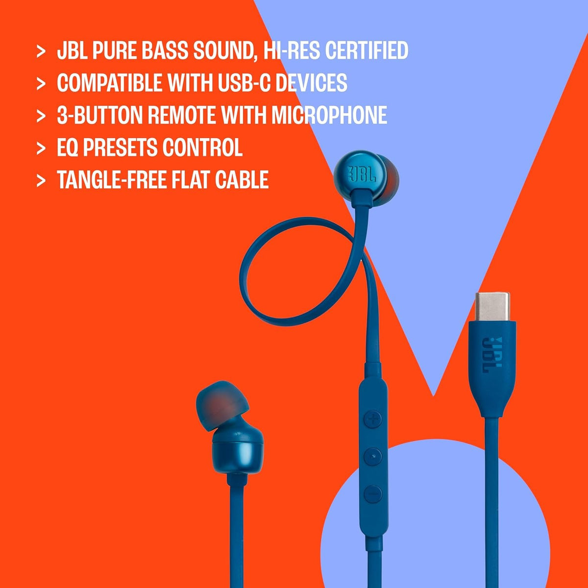 JBL Tune 310 Wired in Ear Type C Headphones, 3-Button EQ Preset Remote with Microphone