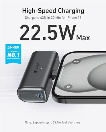 Anker iPhone 15 Portable Charger, Nano Power Bank with Built-in USB C Connector,5,000mAh Portable Charger 22.5W,for iPhone 15 Series,Samsung S22/23 Series,iPad Pro/Air,AirPods